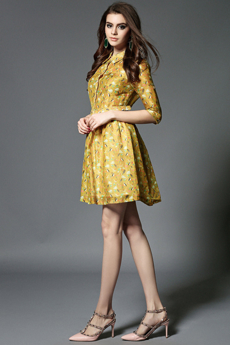 Lapel Neck Birds Print Pleat Dress With Belt