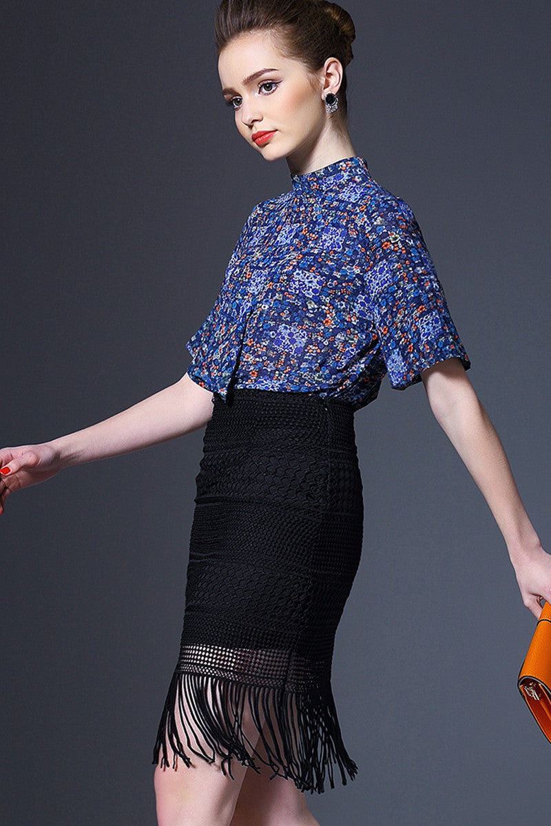 Loose Stand Collar Digital Printing Pleated Blouse