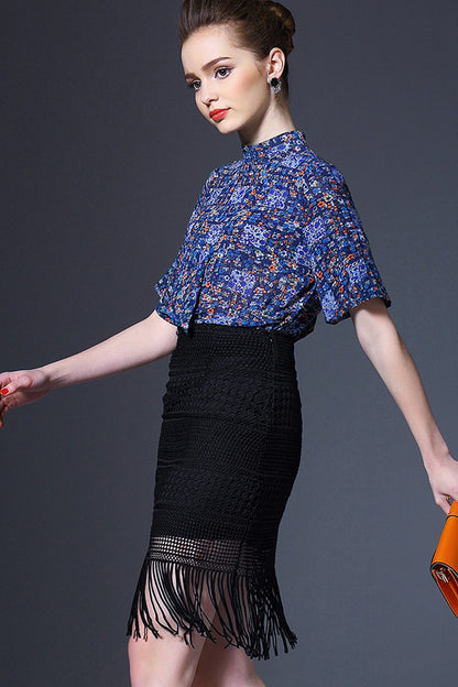 Loose Stand Collar Digital Printing Pleated Blouse