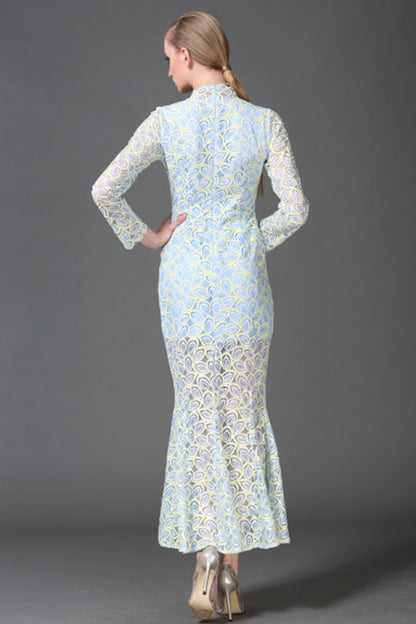 WOMEN'S ELEGANT DOT PRINTING LONG SLEEVE VINTAGE STAND COLLAR LONG DRESS