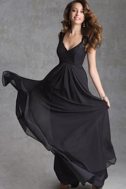 Deep V Neck Lace Cap Sleeve Flare Long Dress
