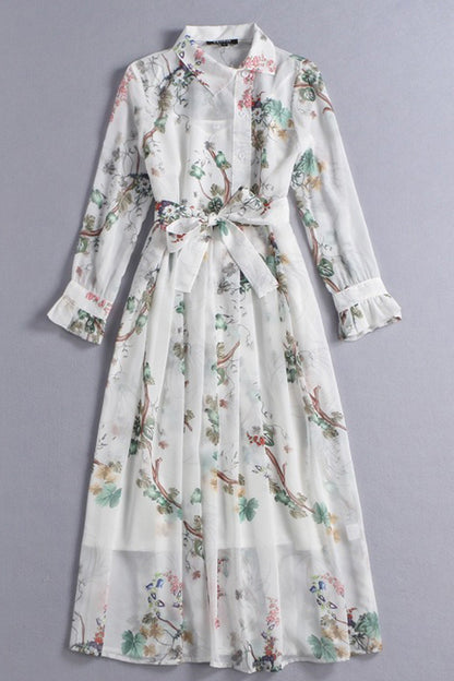 WOMEN'S PRINT AND FLORAL POLO NECK FLOWER PRINTING DRESS WITH BELT