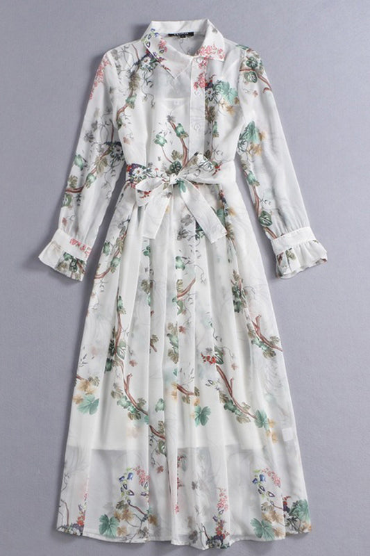 WOMEN'S PRINT AND FLORAL POLO NECK FLOWER PRINTING DRESS WITH BELT