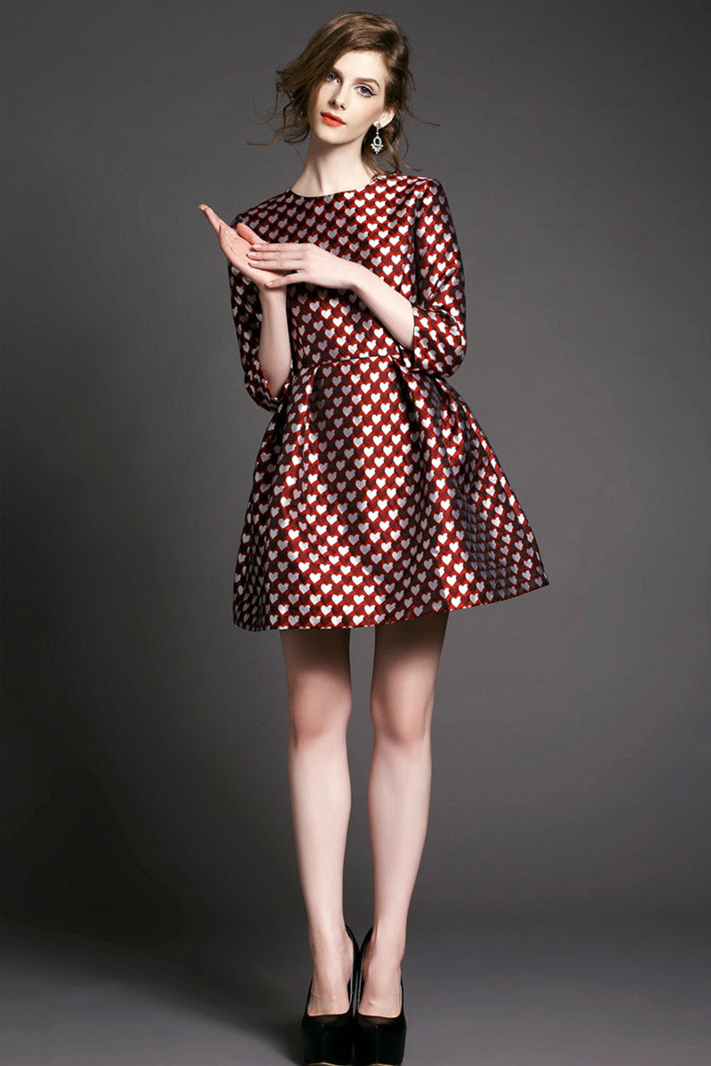 Women's Heart Printing Skirt Casual Round Neck Slim A-line Flare Dress - NJOYDRESS - 2