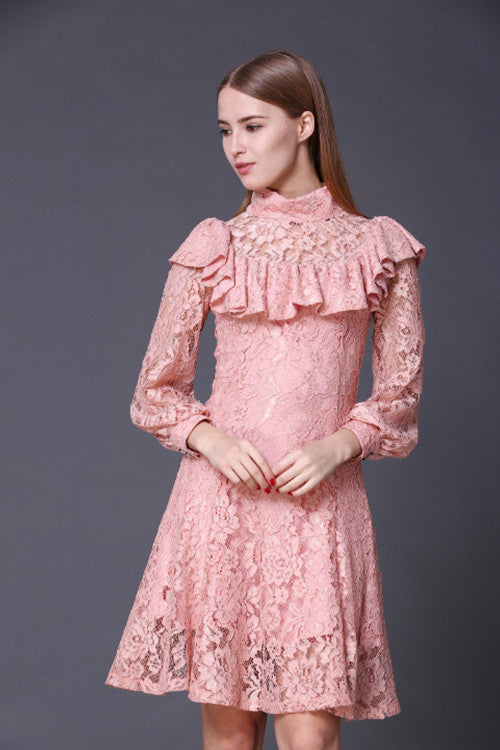 Mock Neck  Ruffle Full Lace Dress - NJOYDRESS - 1