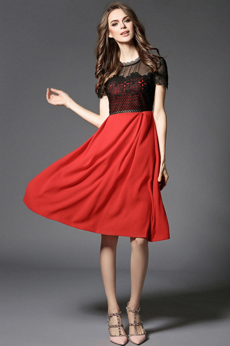 LACE ROUND NECK SHORT SLEEVE MESH COCKTAIL MIDI DRESS