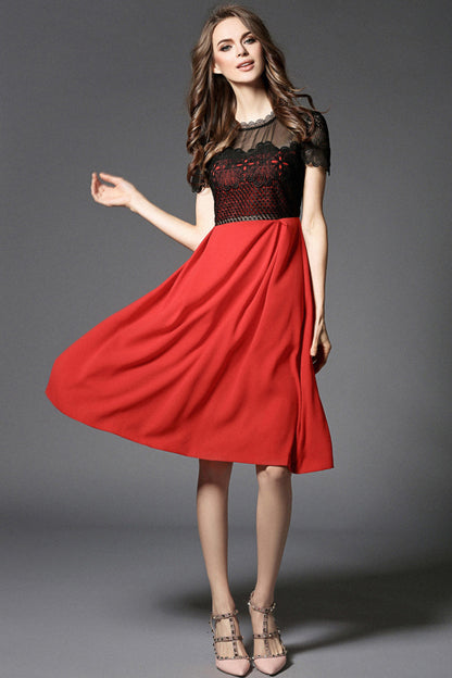 LACE ROUND NECK SHORT SLEEVE MESH COCKTAIL MIDI DRESS