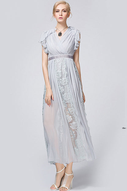 Multi Ruffle Sleeve Open Overlap Lace-inset Maxi Dress