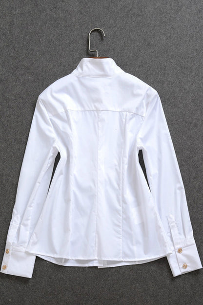 Stand Collar Corrugate Neckline White Blouse Top / BOA