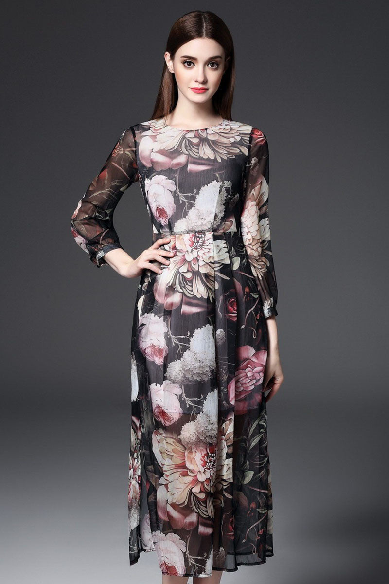 Casual  Chiffon Floral Printed  Side Side Slim Midi Dress