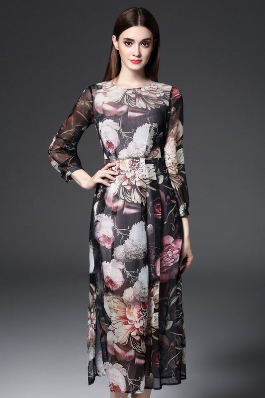 Casual  Chiffon Floral Printed  Side Side Slim Midi Dress