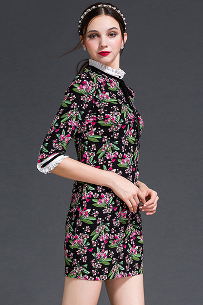 women's casual print and floral lace stand collar 3/4 sleeve short dress