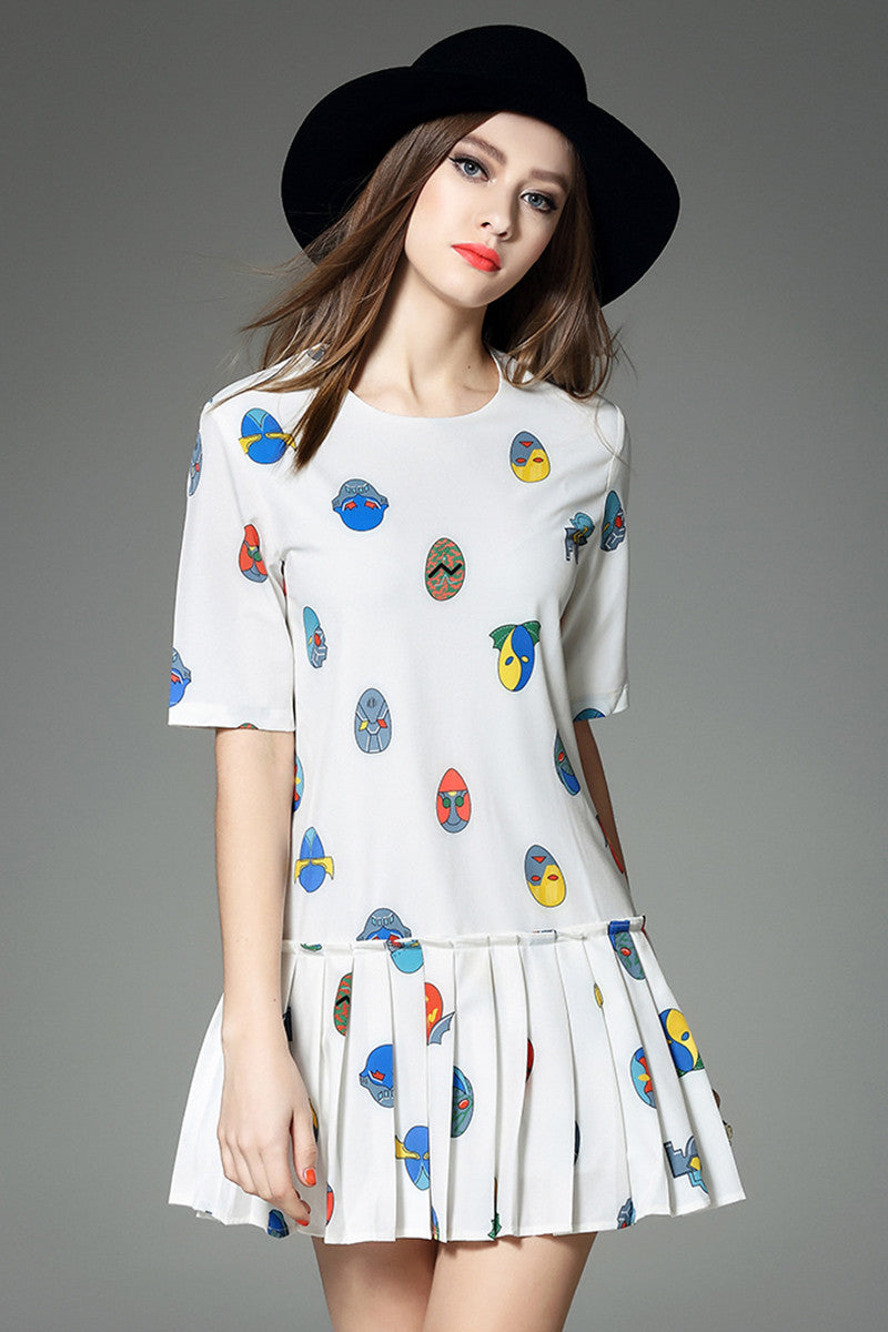 [30% OFF TILL 8 APR] Cute Facial Masks Print Short Pleated Bottome Casual Dress