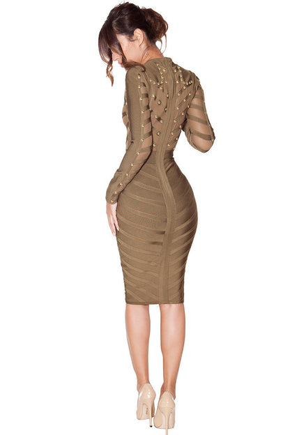 Studed Lace Srtipe Bodycon Long Sleeve Wrap Midi Dress