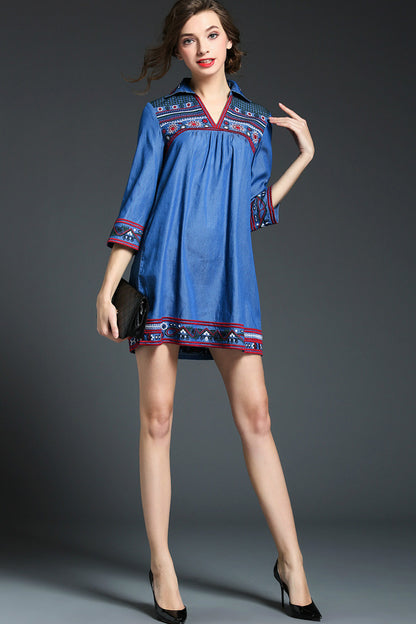 3/4 Sleeve Denim Blouse Emboridered Blouse