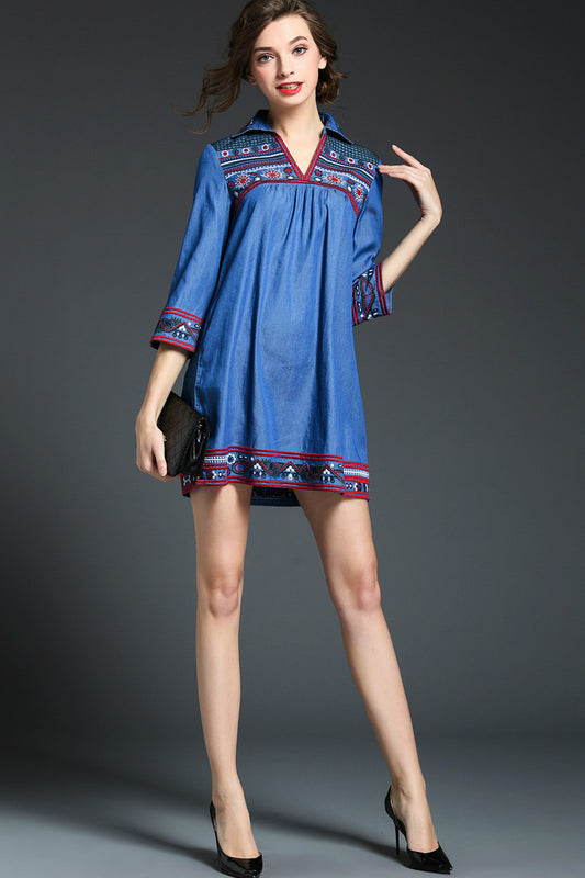 3/4 Sleeve Denim Blouse Emboridered Blouse