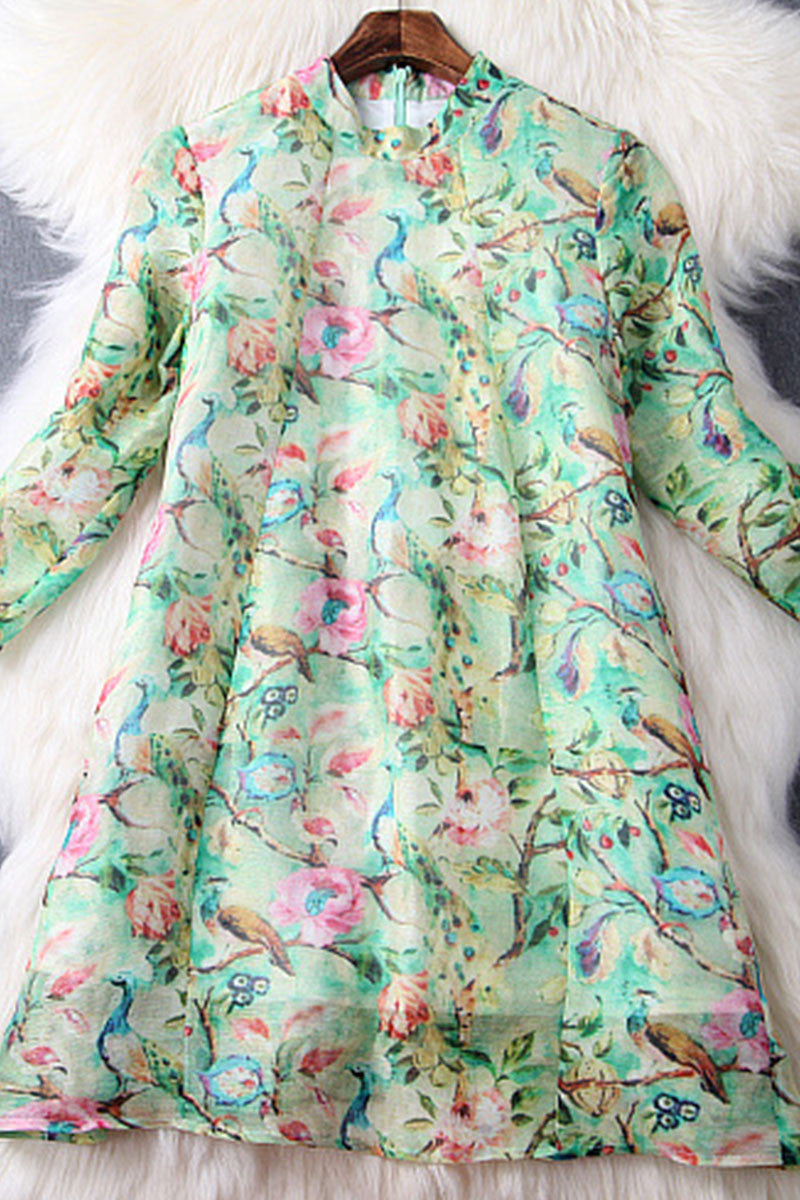 LOOSE CASUAL STAND COLLAR PRINT AND FLORAL 3/4 SLEEVE VACATION SHORT DRESS