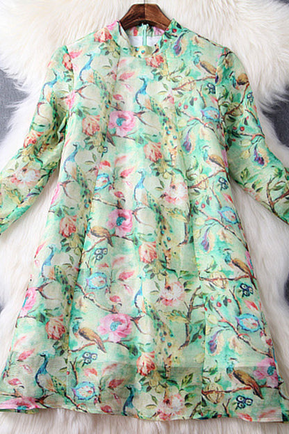 LOOSE CASUAL STAND COLLAR PRINT AND FLORAL 3/4 SLEEVE VACATION SHORT DRESS