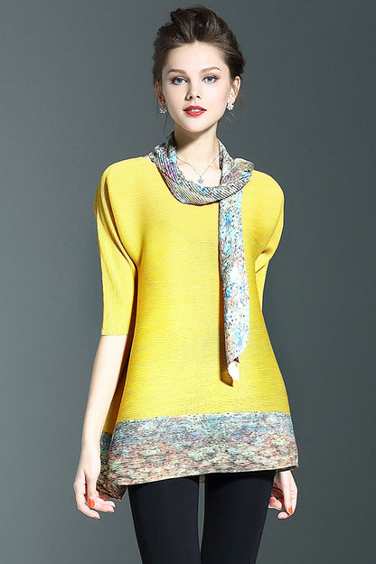 Scoop Neck Abstract Print Fold Loose Dress With Neckerchief