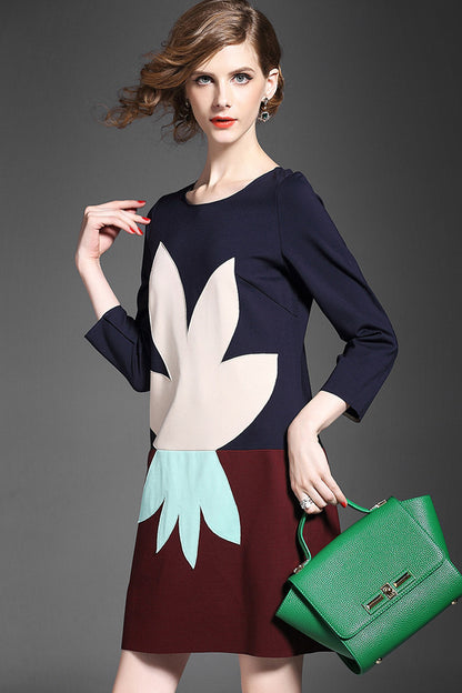 WOMEN'S CASUAL PRINT AND FLORAL ROUND NECK 3/4 SLEEVE VOCATION SHORT DRESS