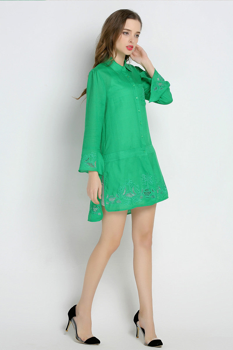 Slit Sleeve Emboridered Cotton Solid Button Down Shirt