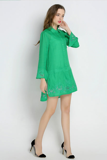 Slit Sleeve Emboridered Cotton Solid Button Down Shirt