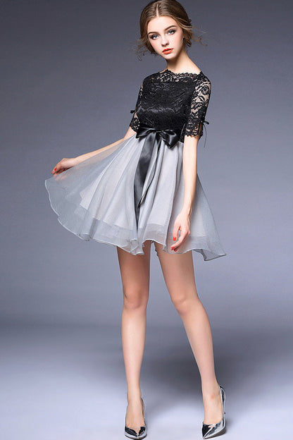 LACE BOAT NECK COCKTAIL A-LINE DRESS CHIFFON FLARE DRESS WITH BOW
