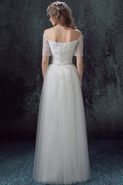 Off Shoulder Sweetheart Bodice Beaded Tulle Maxi Evening Dress