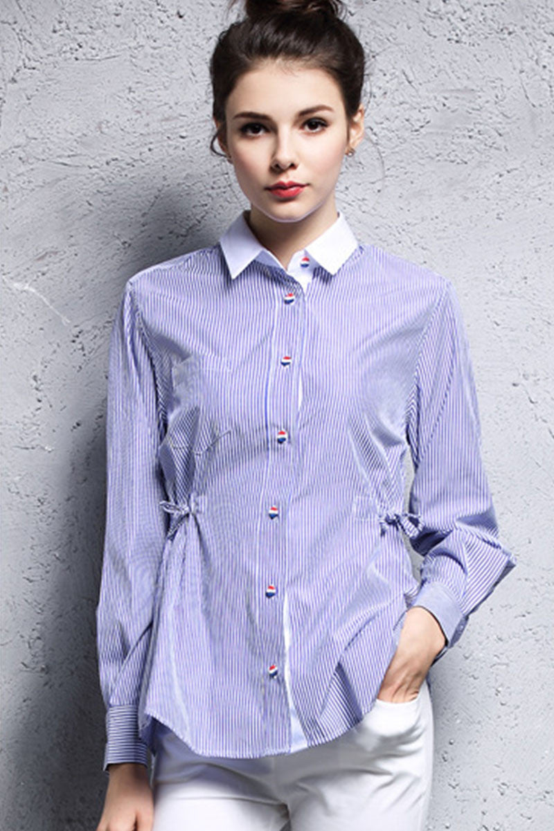 Roll Collar Slim Line Pattern Shirring Waist Shirt - NJOYDRESS - 1