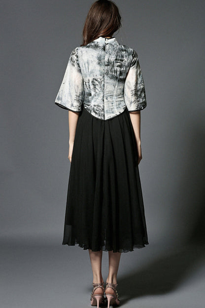 VINTAGE CHINESE STYLE STAND COLLAR HALF SLEEVE WASH PAINTING DRESS