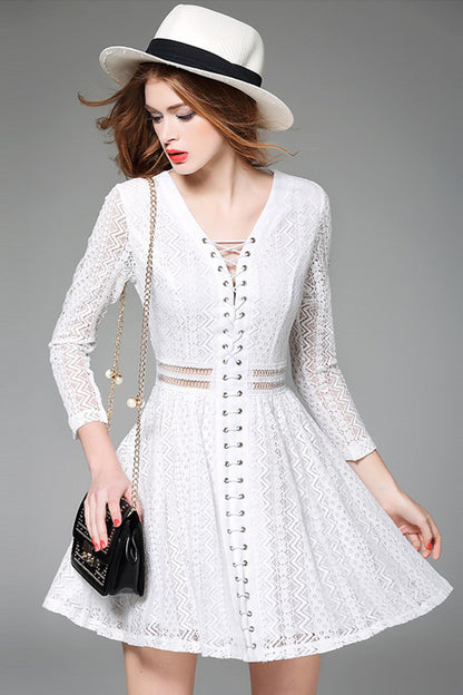 [30% OFF TILL 8 APR] Multi Lace Paneled Lace-UP Short Cocktail Dress
