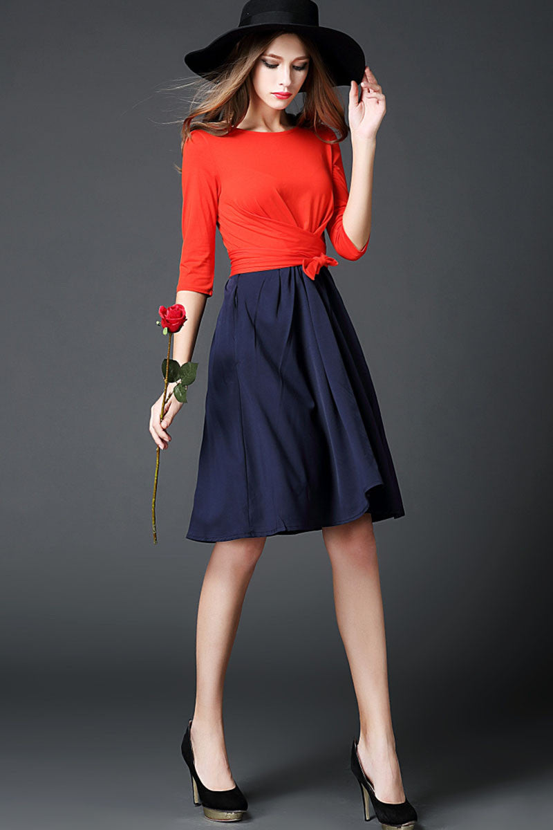 WOMEN'S ROUND NECK 3/4 SLEEVE CASUAL A-LINE VOCATION DRESS