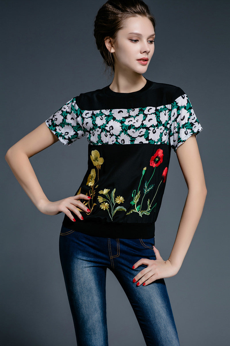 Round Collar Floral Print Flower Embroidered Top