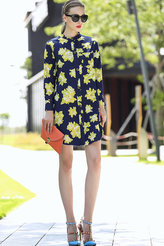 women's casual flower printing stand collar long sleeve loose dress
