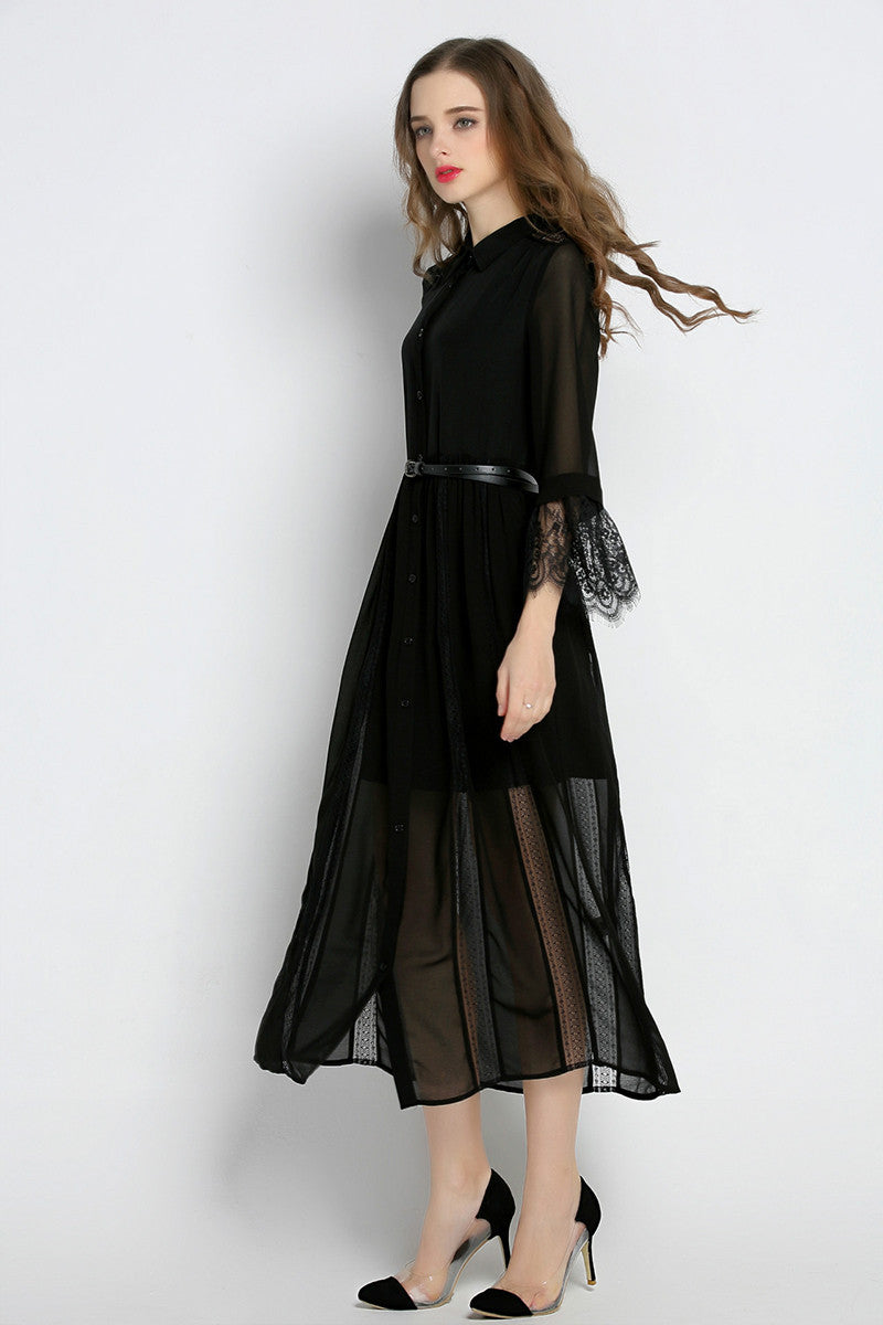 Lapel Neck Flare Sleeve Button Down Sheer Lace Dress With Belt