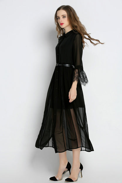 Lapel Neck Flare Sleeve Button Down Sheer Lace Dress With Belt