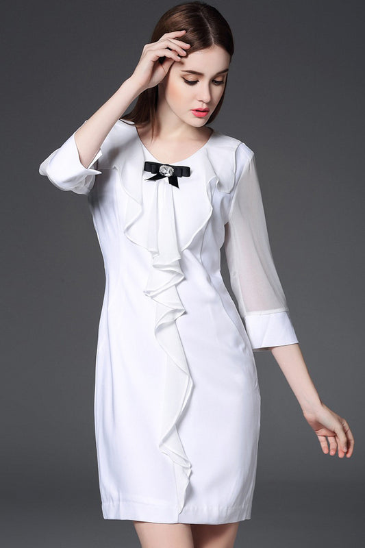 Bowknot CollarFlare Sleeve Irregular Chiffon Ruffle Slim Dress