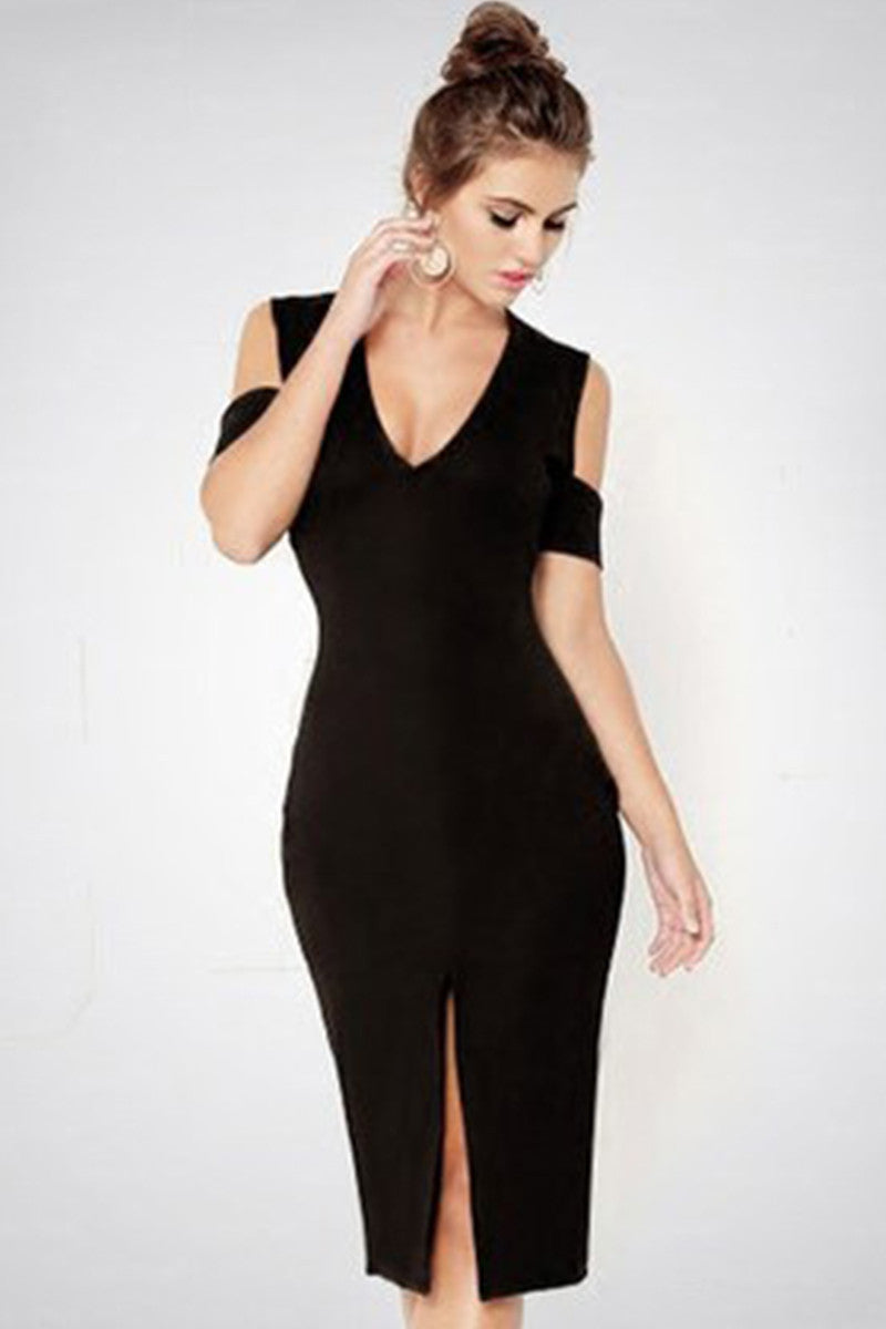 Low Cut Off Shoulder Mid-Slit Bodycon Club Dress