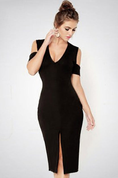 Low Cut Off Shoulder Mid-Slit Bodycon Club Dress