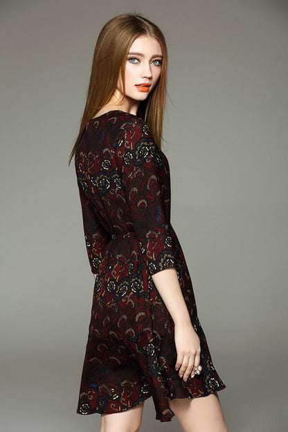 Round Collar Vintage Pattern Ruffle Hem Lacing Waist Linen Dress