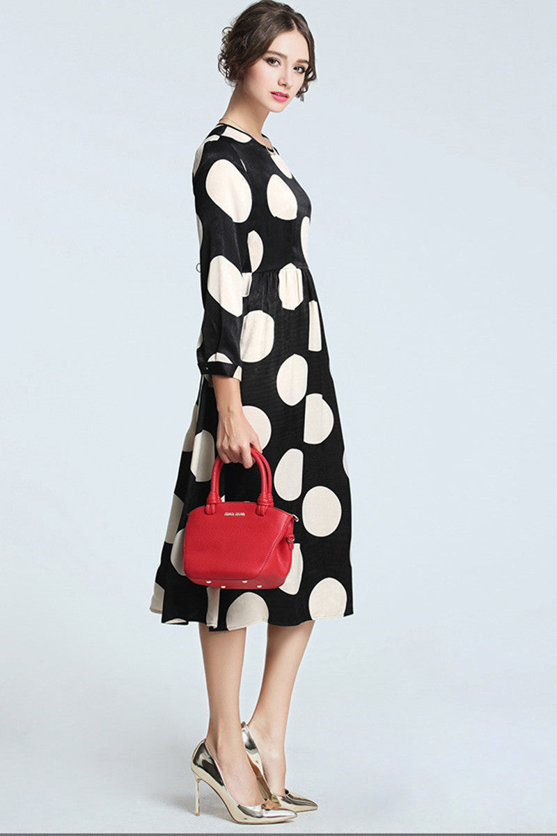 Round Collar Dots Print Empire Waist Swing Dress
