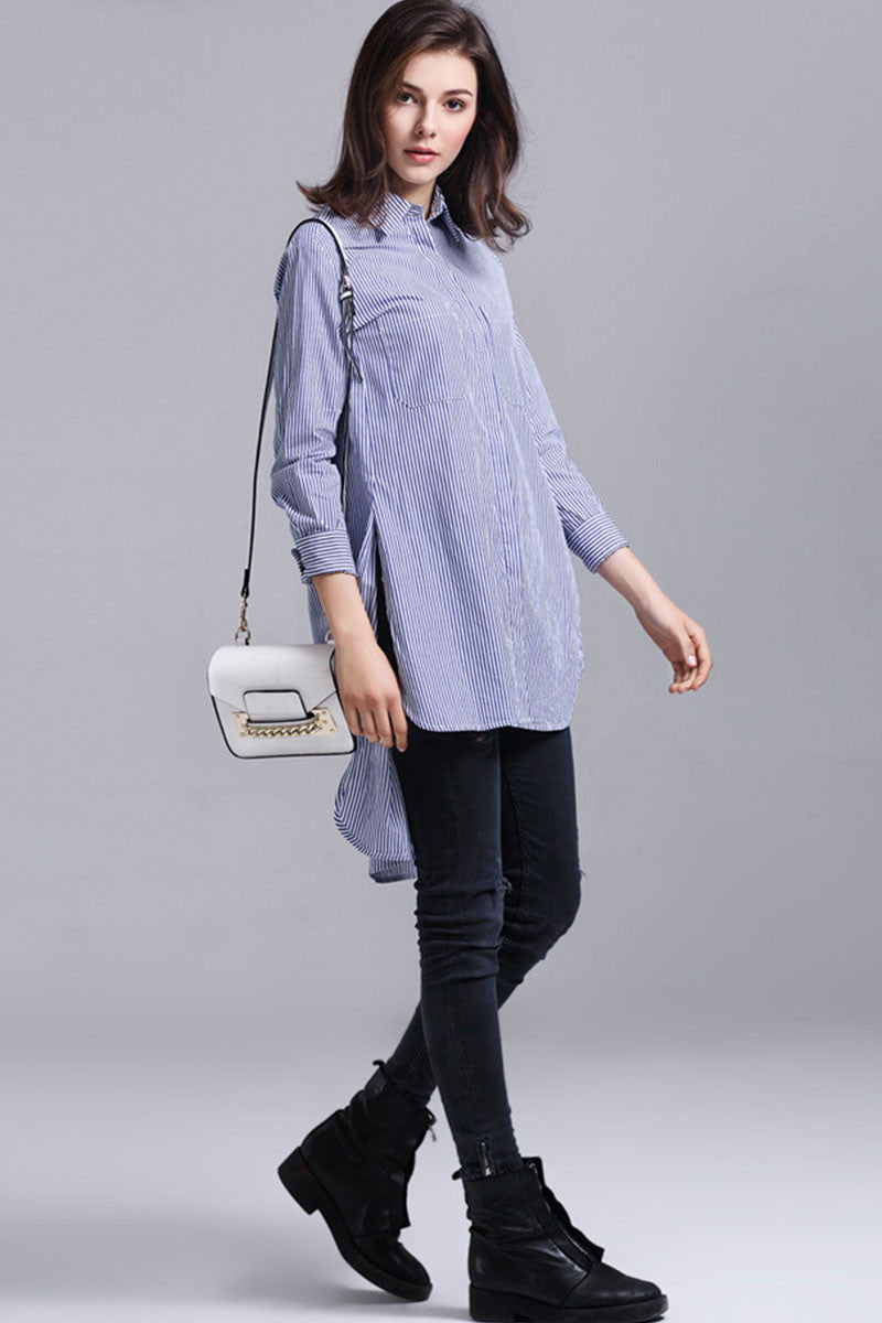 Roll Collar Line Stripe Pattern Front Pocket  Short Front Long Back Long Shirt - NJOYDRESS - 2