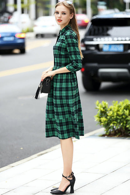 Lapel Neck Plaid Tunic Pleat Dress With Belt