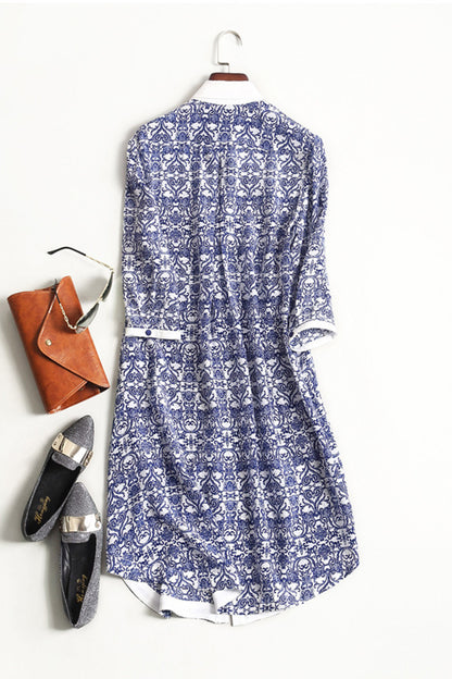Roll Collar Blue And White Porcelain Pattern Half Sleeve Midi Dress - NJOYDRESS - 2