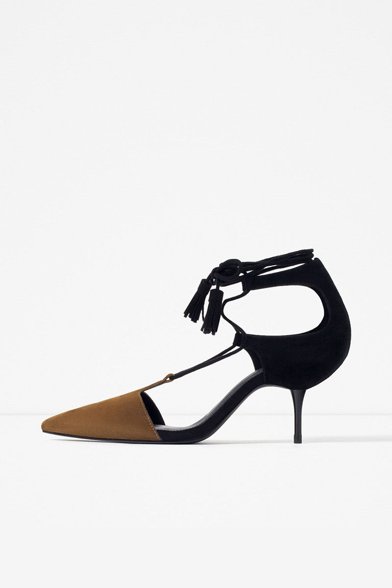 [30% OFF TILL 8 APR] Suede Leather Pointed Toe Lace-up Pumps