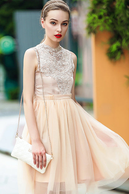 Stand Coollar Crohet Lace Applique Tulle Overlaid Crushed Dress