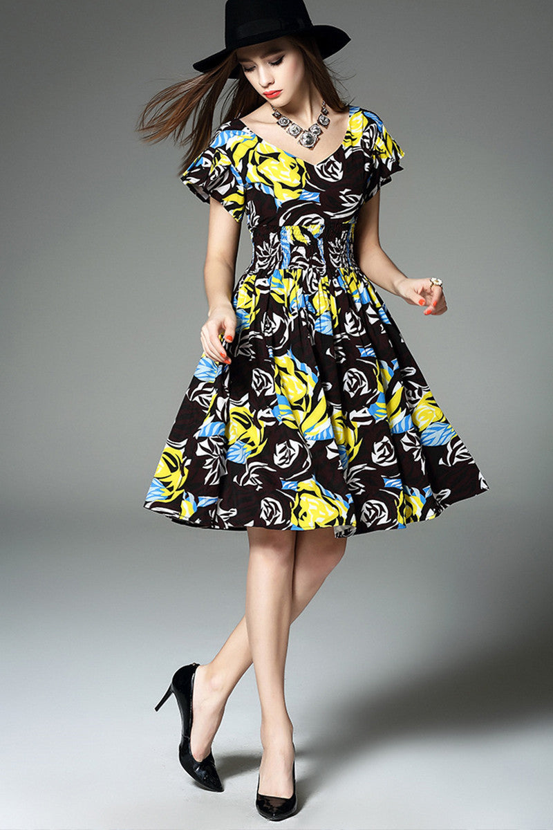 [30% OFF TILL 8 APR] V-Neck Flare Cap Sleeve Tiered Smoking Waist Band Floral Short Casual Dress