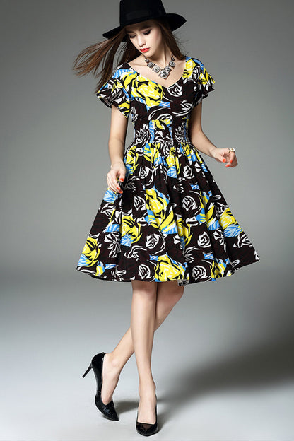 [30% OFF TILL 8 APR] V-Neck Flare Cap Sleeve Tiered Smoking Waist Band Floral Short Casual Dress