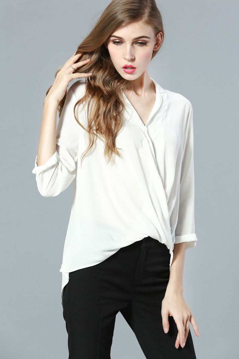 Scoop V Neck Hollow-out  Back  Cross  Loose Blouse - NJOYDRESS - 1