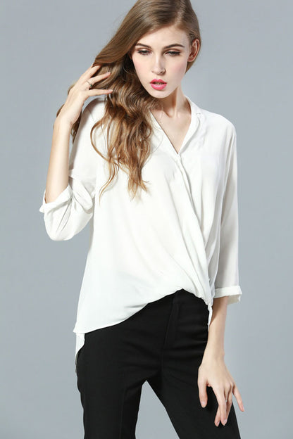Scoop V Neck Hollow-out  Back  Cross  Loose Blouse - NJOYDRESS - 1